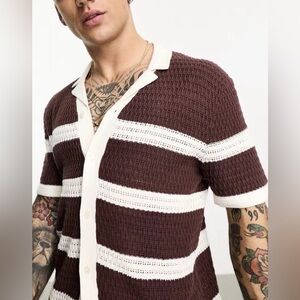 Abercrombie And Fitch Crochet Button Sweater Polo Shirt Mens Medium Brown Stripe